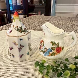 Ardalt Bone China Butterfly Handpainted Sugar Bowl and Creamer Vintage‎ Korea